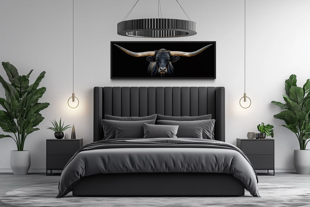 Black Texas Longhorn Steer Panoramic Above Couch Framed Canvas Wall Art