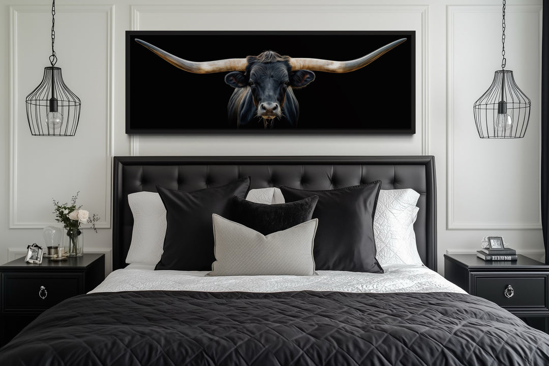 Black Texas Longhorn Steer Panoramic Above Couch Framed Canvas Wall Art