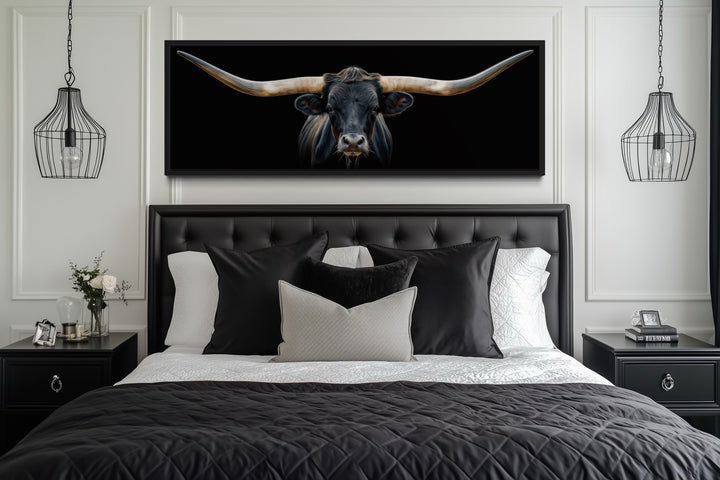 Black Texas Longhorn Steer Panoramic Above Couch Framed Canvas Wall Art