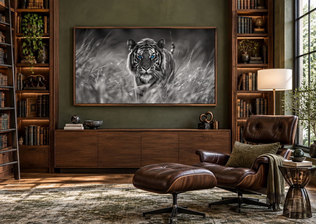 Framed black and white tiger canvas art with blue eyes hanging in a library with walnut furniture.
