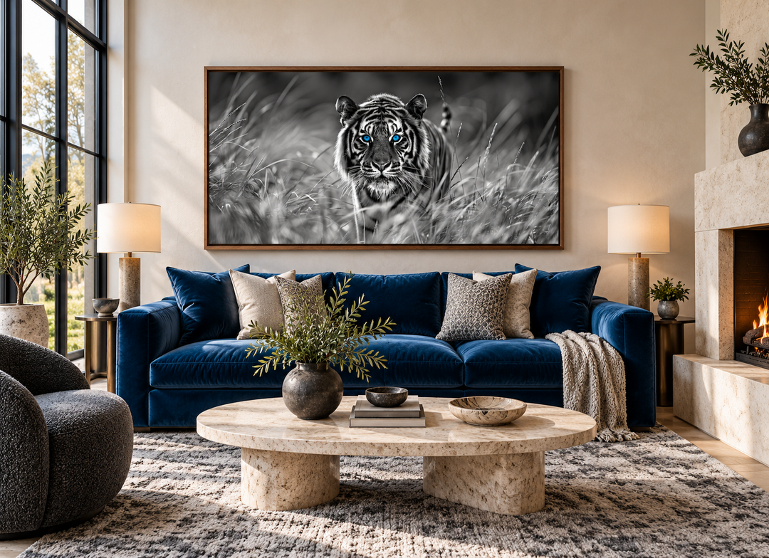 Framed black and white tiger wall art with blue eyes hanging above a blue sofa in a living room.