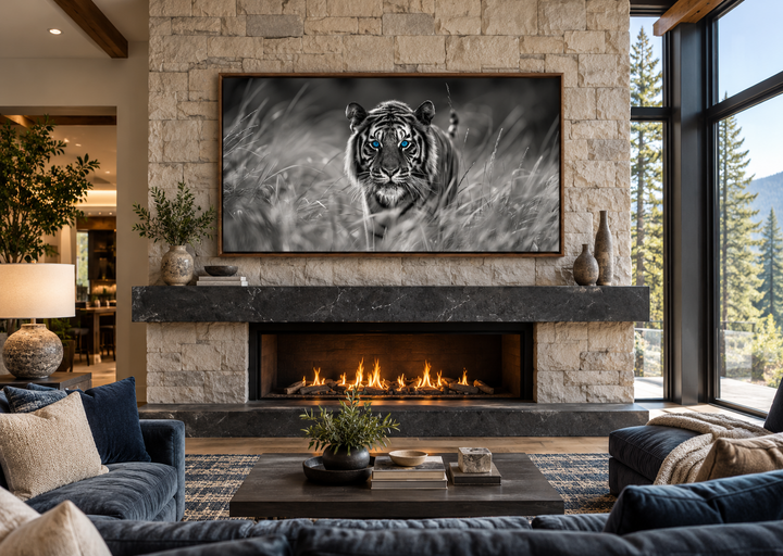 Black and white tiger wall art with blue eyes in a walnut frame above a stone fireplace.