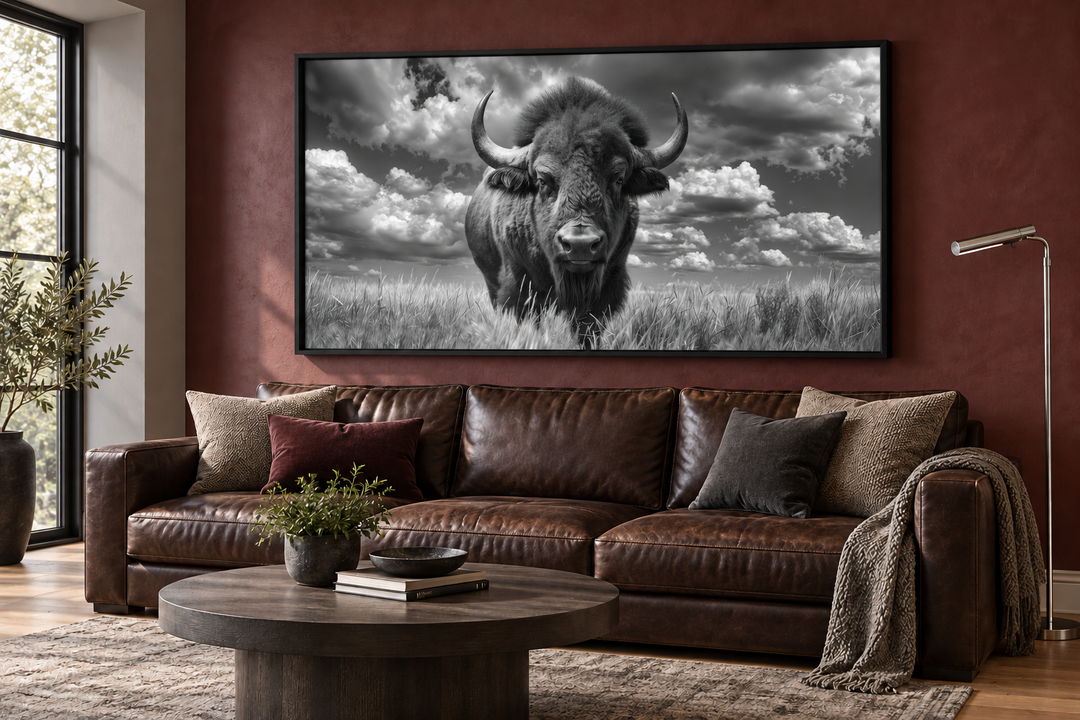 Black and white framed bison canvas print above a brown leather sofa in a rustic living room.