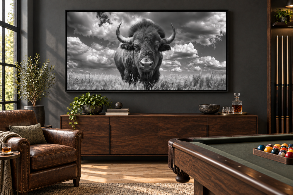 Black and white framed canvas print of a bison in a field, hanging in a rustic living room.