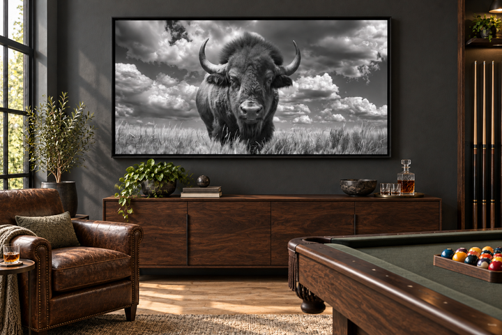 Black and white framed canvas print of a bison in a field, hanging in a rustic living room.