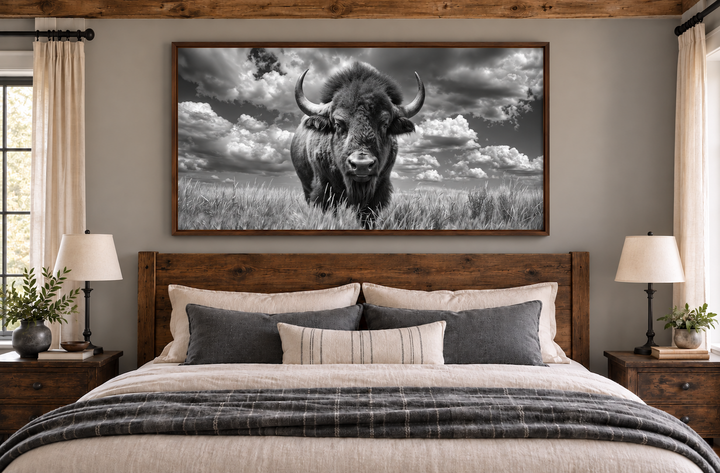 Black and white framed bison canvas print hanging above a rustic wooden bed in a farmhouse bedroom.