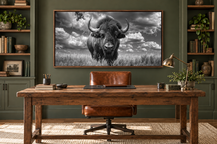 Black and white framed bison canvas print hanging in a rustic office above a wooden desk.