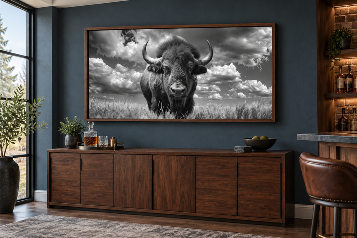 Black and white framed bison canvas print on a dark blue wall above a walnut sideboard.