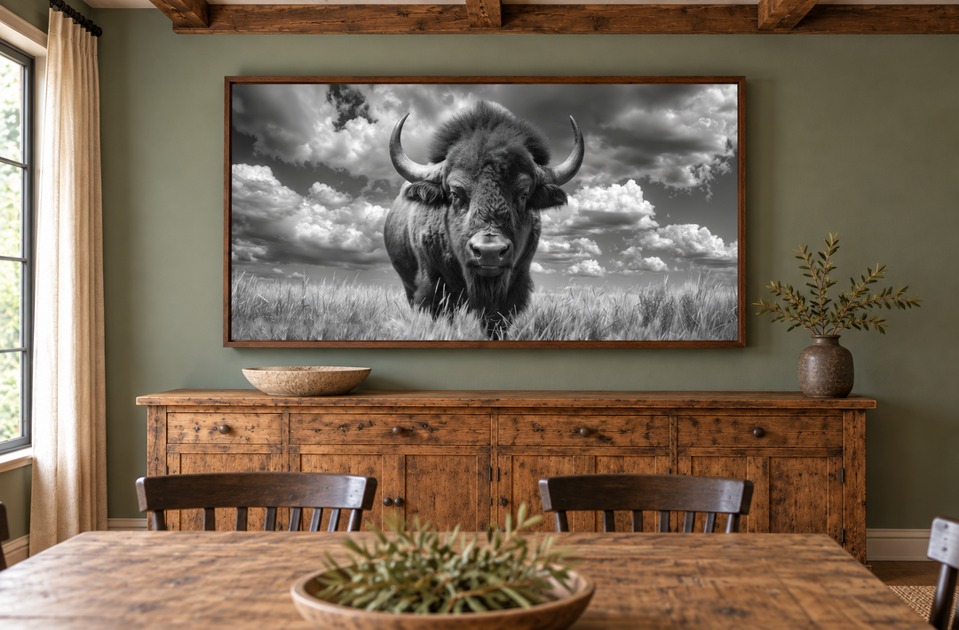 Black and white bison photography on framed canvas in a rustic dining room with sage green walls.