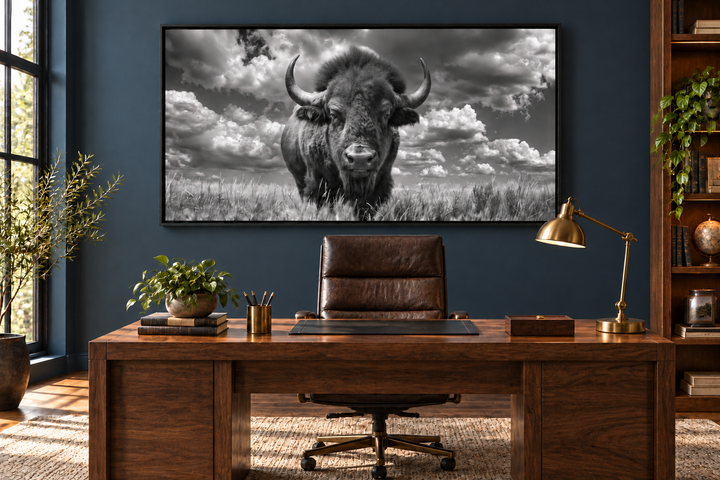 Black and white framed canvas print of a bison in a field, hanging in a rustic home office.
