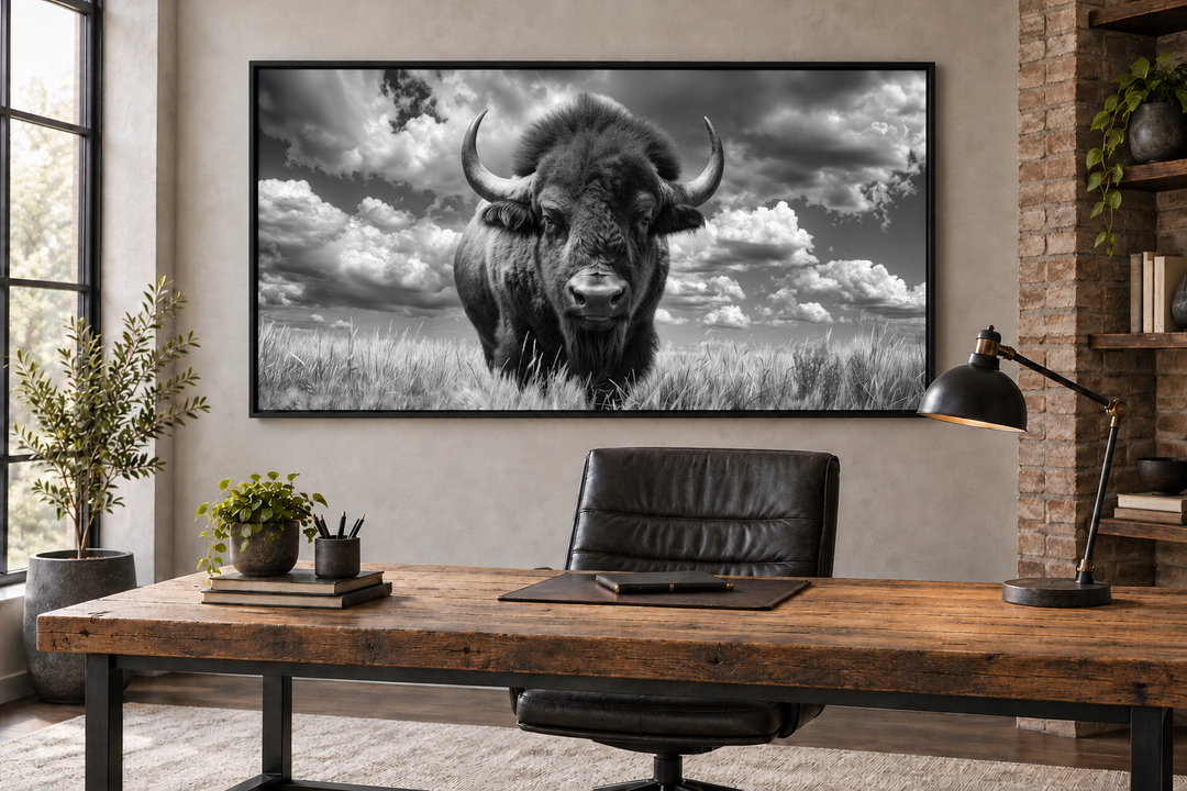 Bison Wall Art: Black and white framed canvas print of a bison in an industrial office setting.