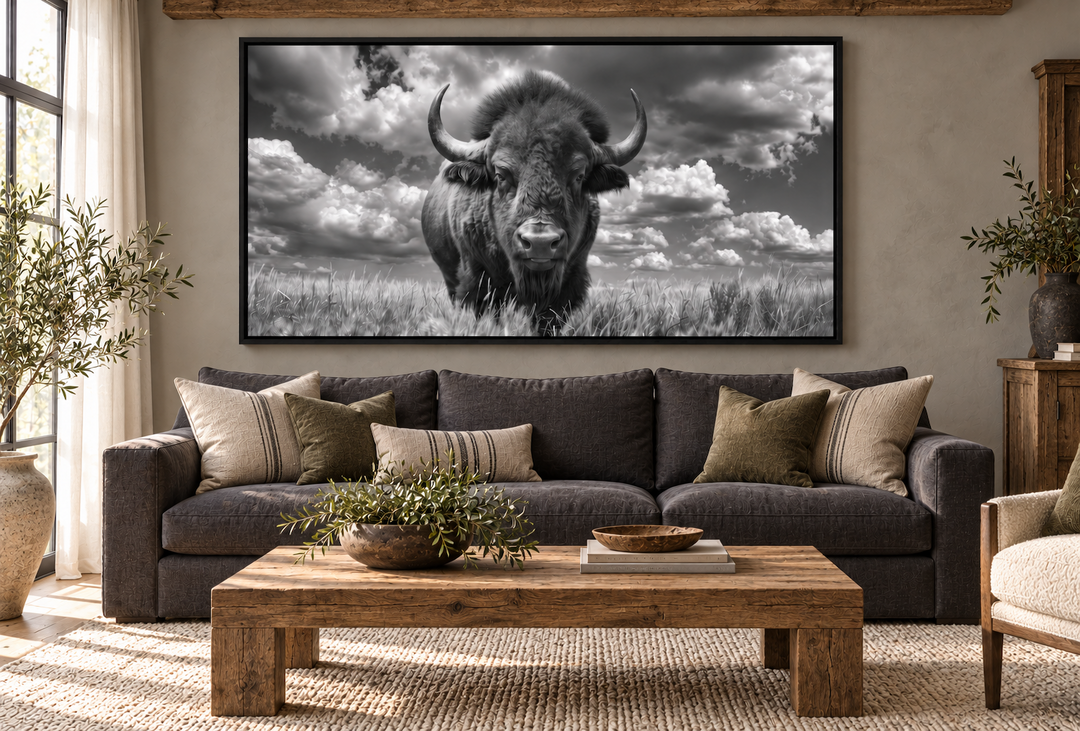 Black and white framed bison canvas print above a dark sofa in a rustic living room.