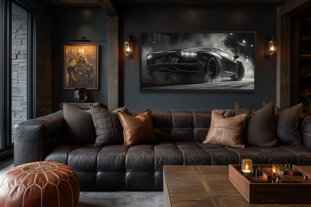 Black White Drifting Lamborghini Avendator Sports Car Framed Canvas Wall Art