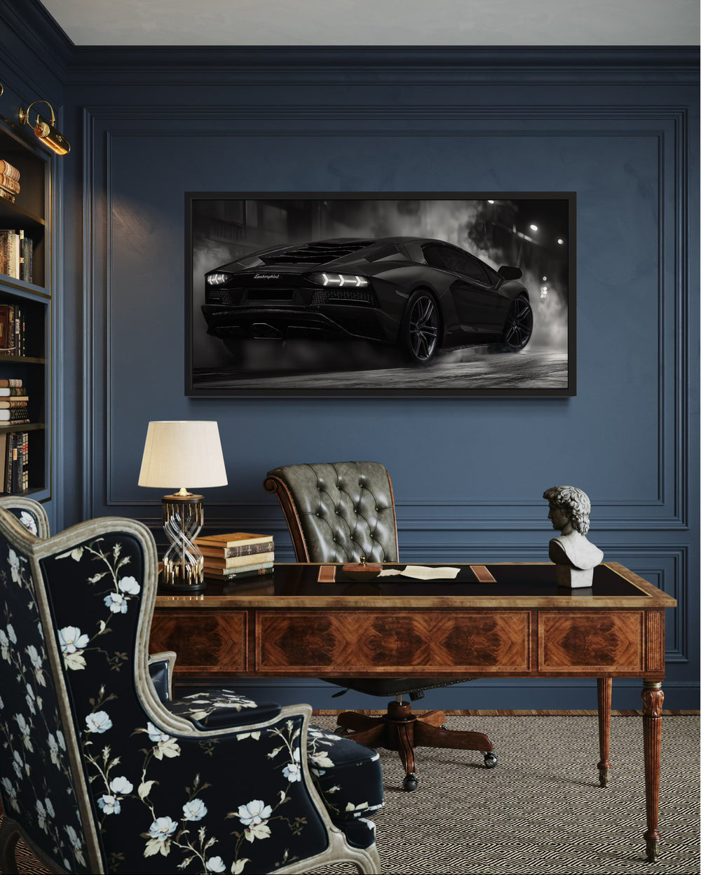 Black White Drifting Lamborghini Avendator Sports Car Framed Canvas Wall Art