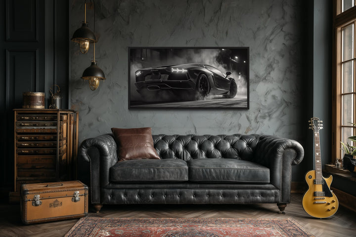 Black White Drifting Lamborghini Avendator Sports Car Framed Canvas Wall Art