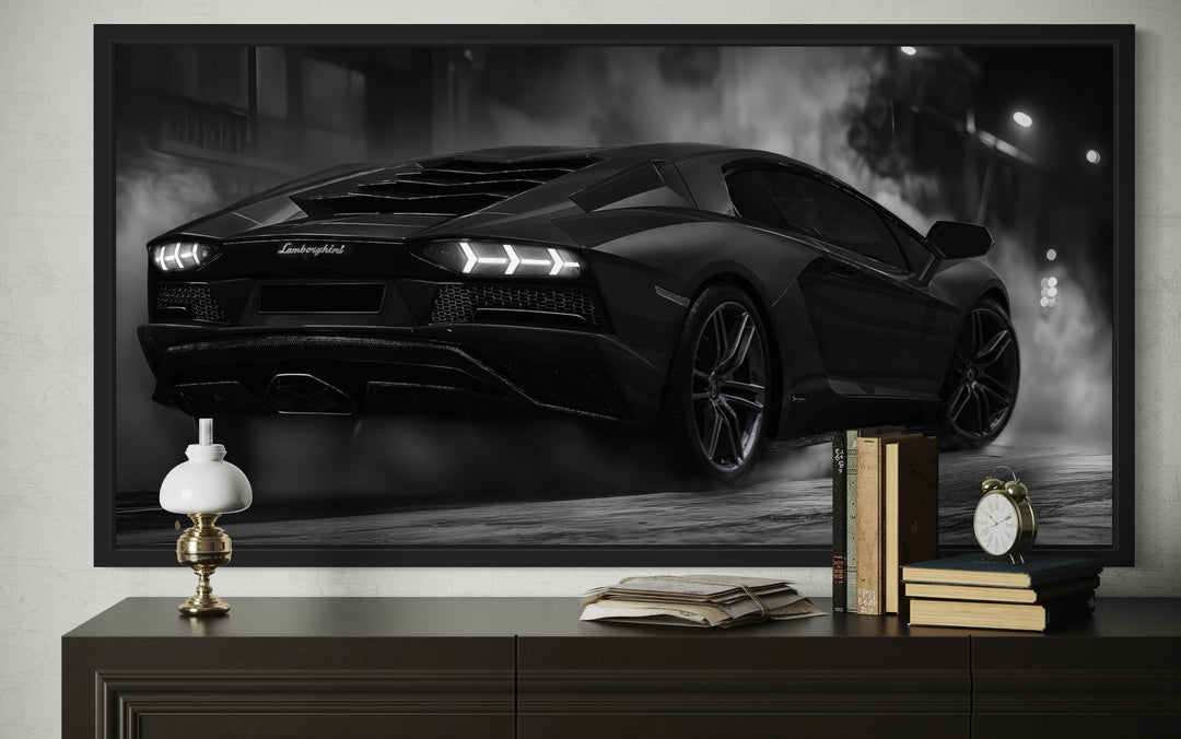 Black White Drifting Lamborghini Avendator Sports Car Framed Canvas Wall Art