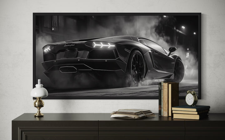 Black White Drifting Lamborghini Avendator Sports Car Framed Canvas Wall Art