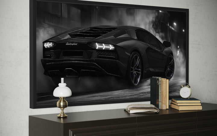 Black White Drifting Lamborghini Avendator Sports Car Framed Canvas Wall Art