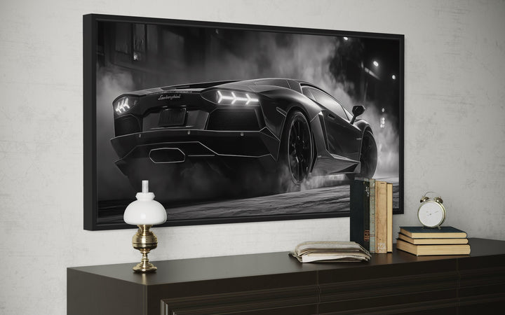 Black White Drifting Lamborghini Avendator Sports Car Framed Canvas Wall Art