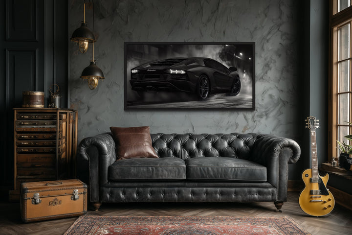 Black White Drifting Lamborghini Avendator Sports Car Framed Canvas Wall Art