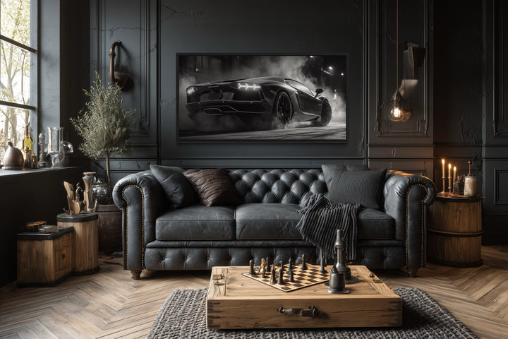 Black White Drifting Lamborghini Avendator Sports Car Framed Canvas Wall Art