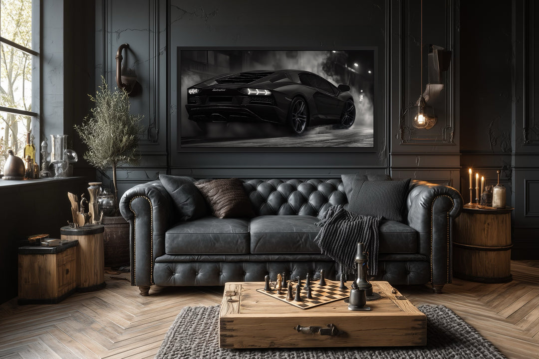 Black White Drifting Lamborghini Avendator Sports Car Framed Canvas Wall Art