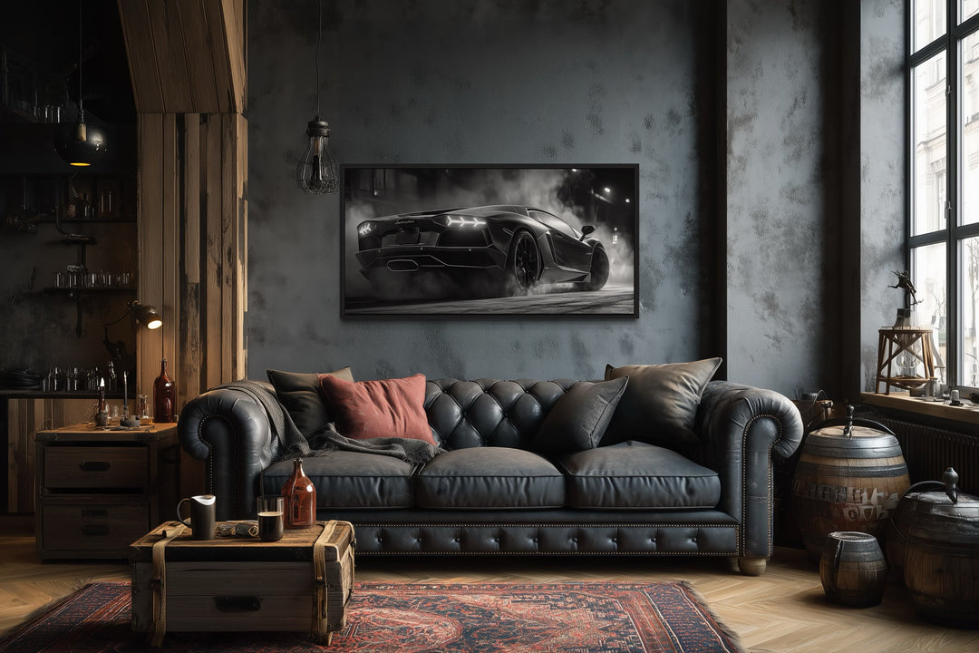 Black White Drifting Lamborghini Avendator Sports Car Framed Canvas Wall Art