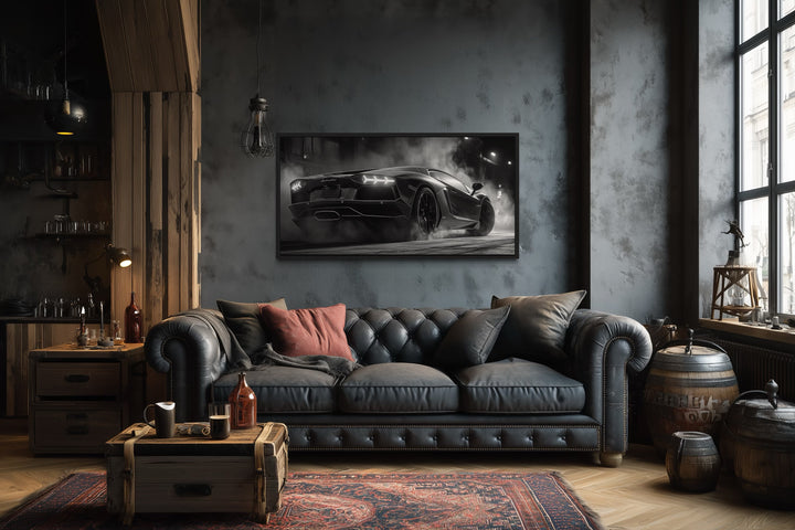 Black White Drifting Lamborghini Avendator Sports Car Framed Canvas Wall Art