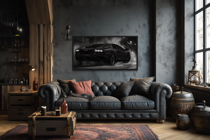 Black White Drifting Lamborghini Avendator Sports Car Framed Canvas Wall Art