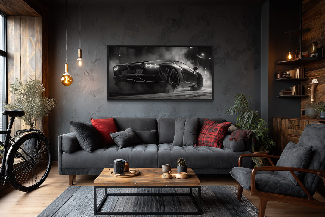 Black White Drifting Lamborghini Avendator Sports Car Framed Canvas Wall Art