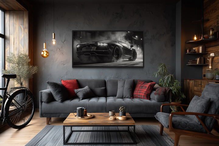 Black White Drifting Lamborghini Avendator Sports Car Framed Canvas Wall Art