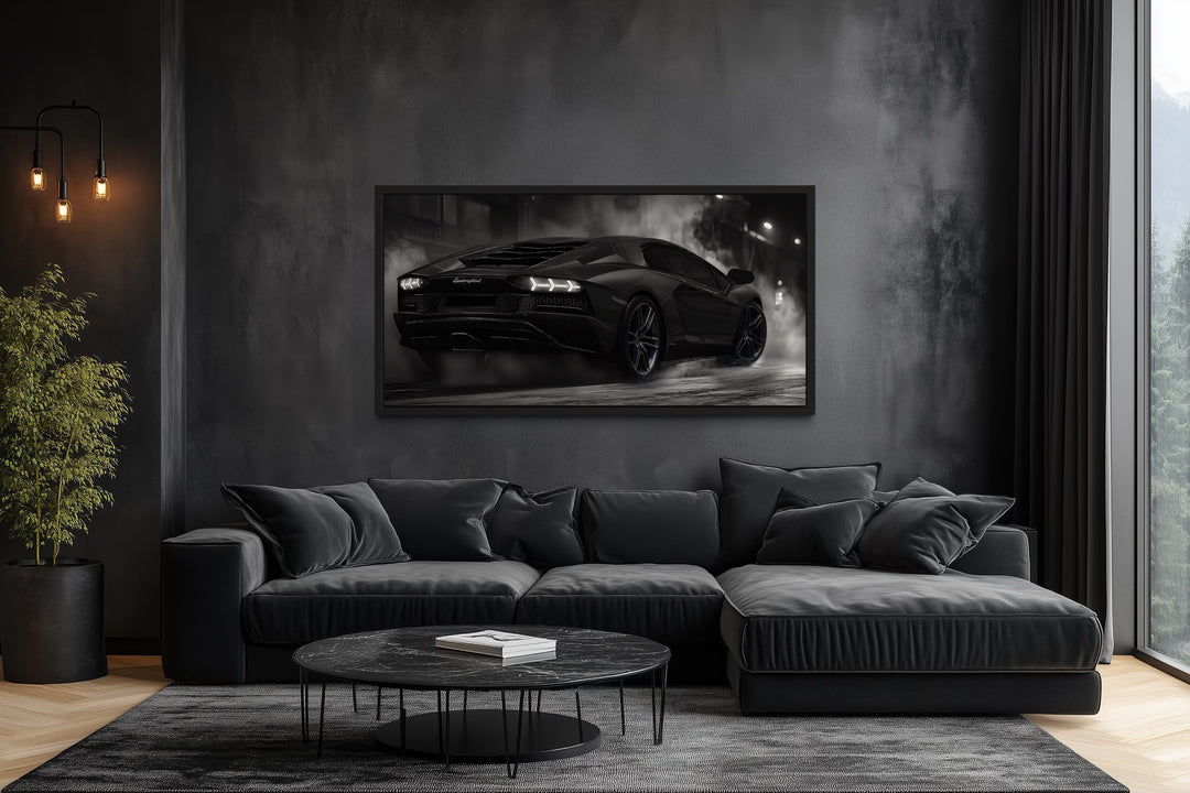 Black White Drifting Lamborghini Avendator Sports Car Framed Canvas Wall Art