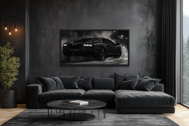 Black White Drifting Lamborghini Avendator Sports Car Framed Canvas Wall Art