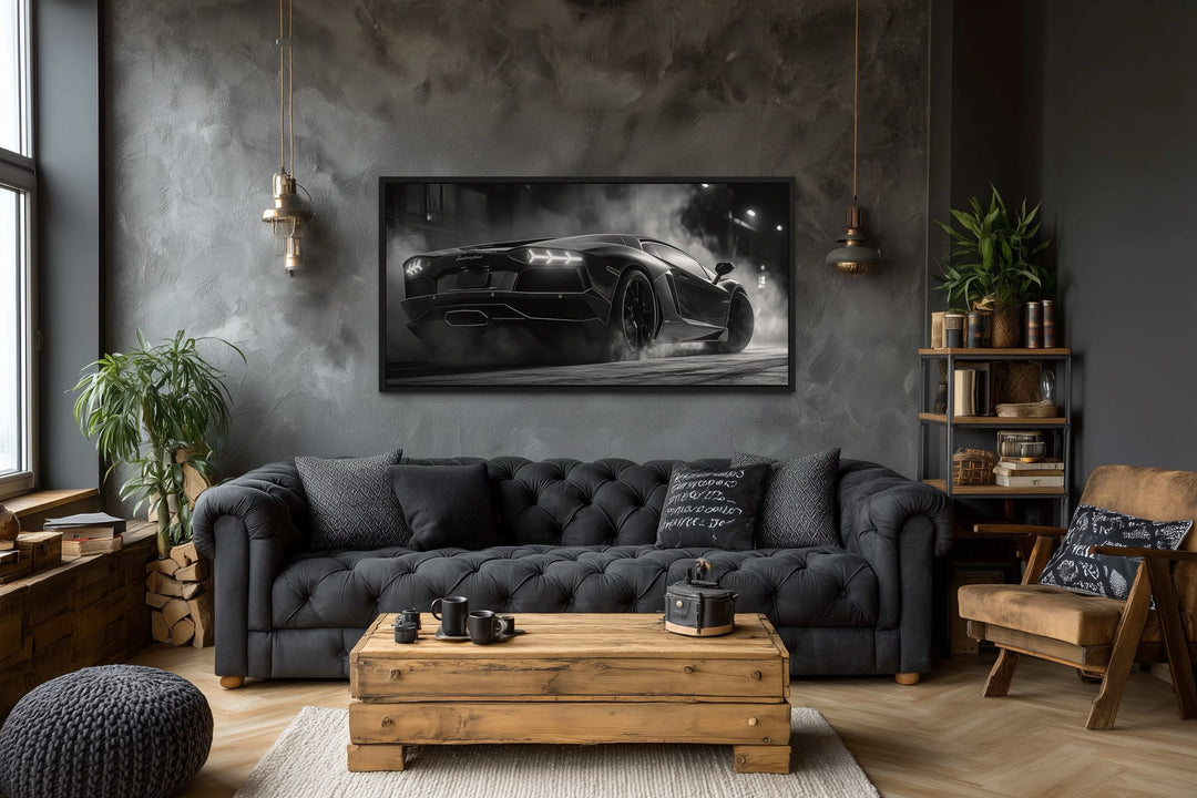Black White Drifting Lamborghini Avendator Sports Car Framed Canvas Wall Art