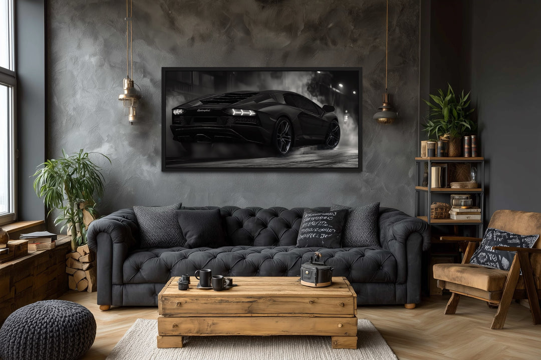 Black White Drifting Lamborghini Avendator Sports Car Framed Canvas Wall Art