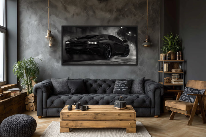 Black White Drifting Lamborghini Avendator Sports Car Framed Canvas Wall Art