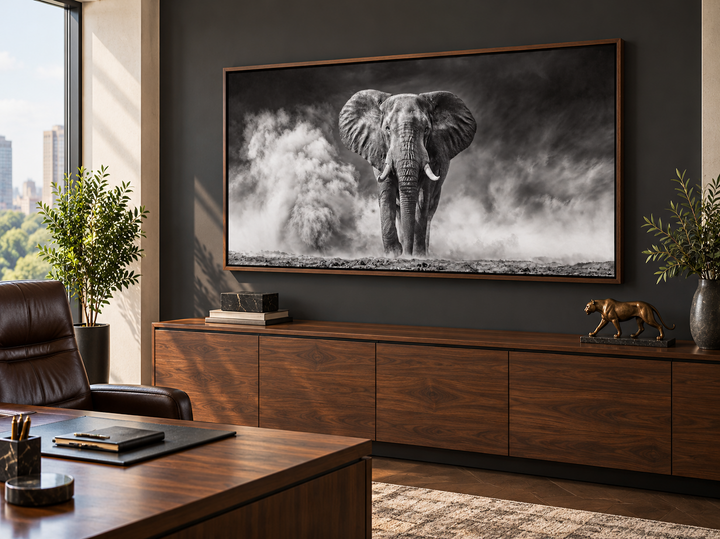 Elefanten-Wandbild – Gerahmter Leinwanddruck mit Schwarz-Weiß-Fotografie für rustikale Wohnräume