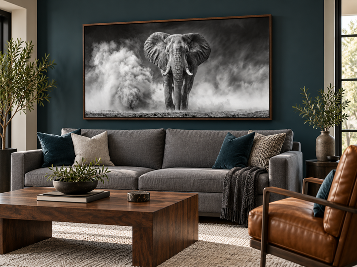 Elefanten-Wandbild – Gerahmter Leinwanddruck mit Schwarz-Weiß-Fotografie für rustikale Wohnräume