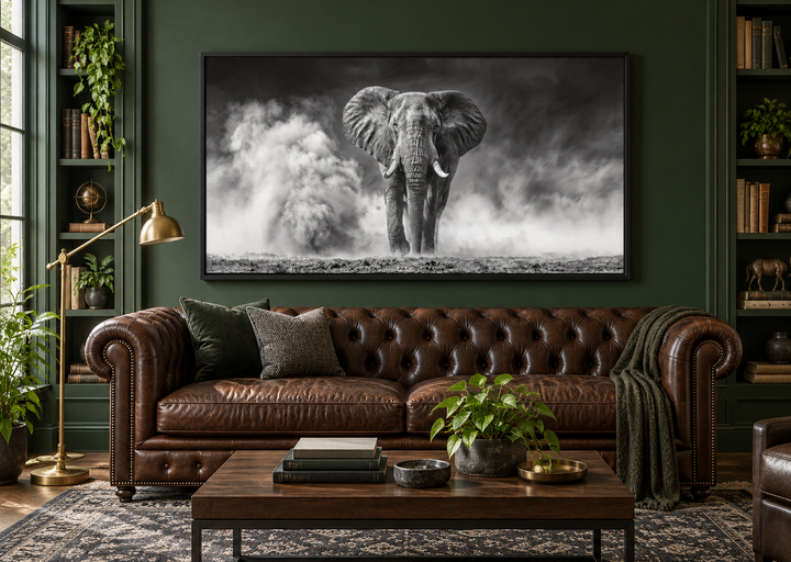 Elefanten-Wandbild – Gerahmter Leinwanddruck mit Schwarz-Weiß-Fotografie für rustikale Wohnräume