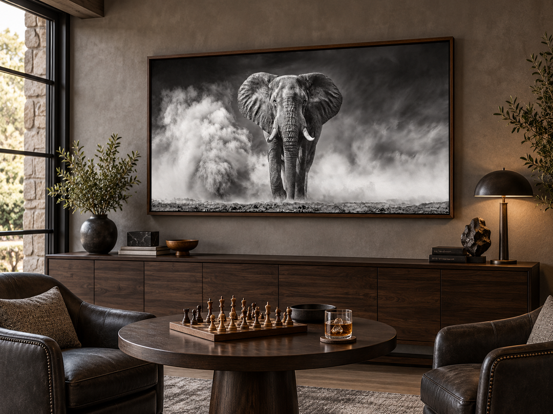 Elefanten-Wandbild – Gerahmter Leinwanddruck mit Schwarz-Weiß-Fotografie für rustikale Wohnräume
