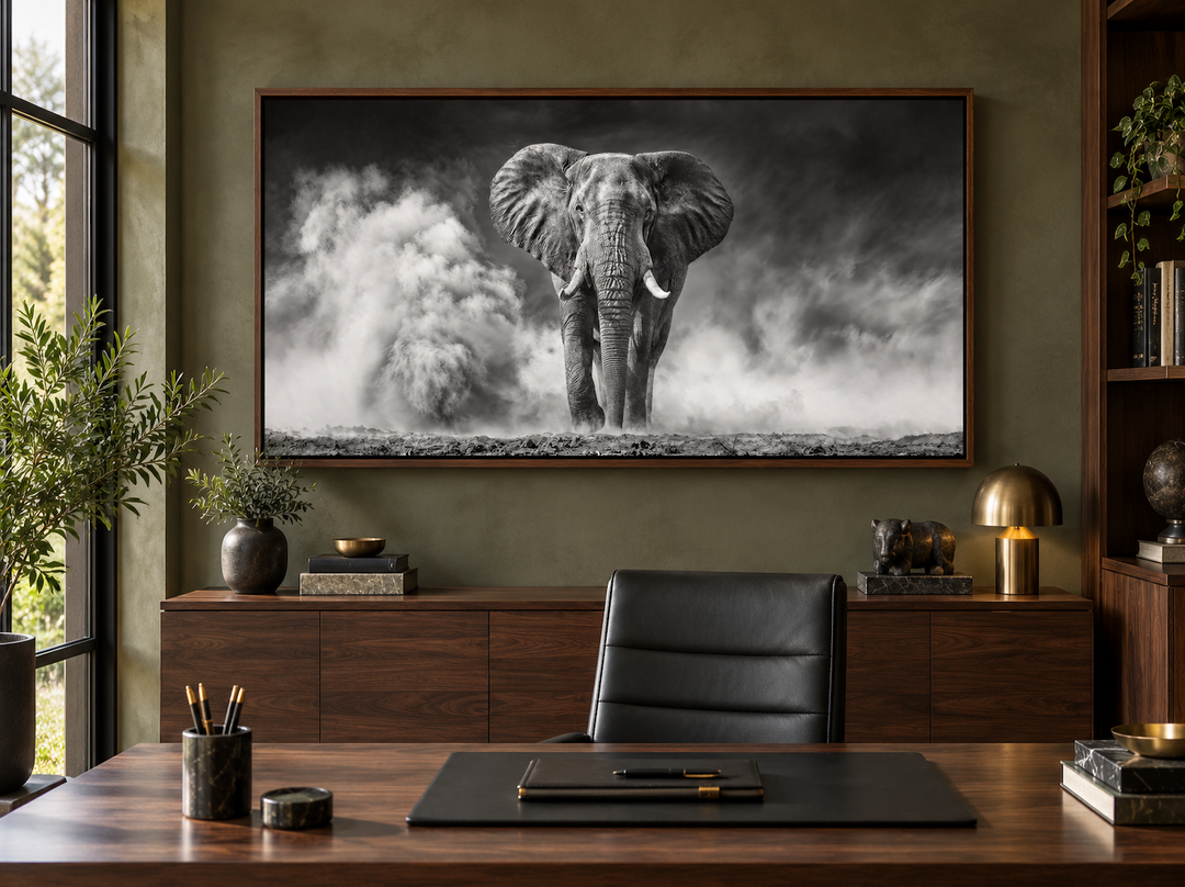 Elefanten-Wandbild – Gerahmter Leinwanddruck mit Schwarz-Weiß-Fotografie für rustikale Wohnräume