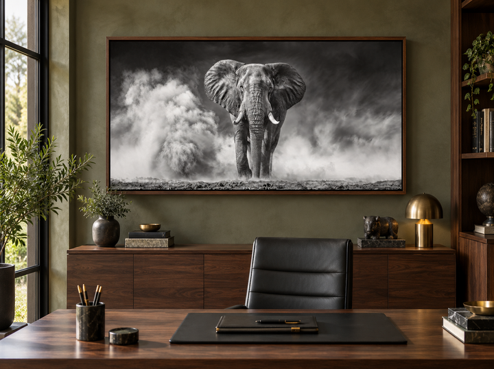 Elefanten-Wandbild – Gerahmter Leinwanddruck mit Schwarz-Weiß-Fotografie für rustikale Wohnräume