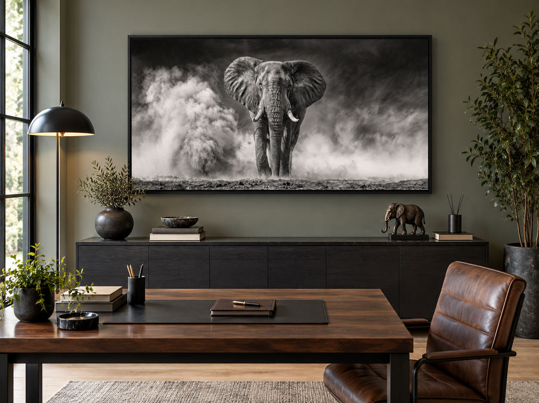 Elefanten-Wandbild – Gerahmter Leinwanddruck mit Schwarz-Weiß-Fotografie für rustikale Wohnräume