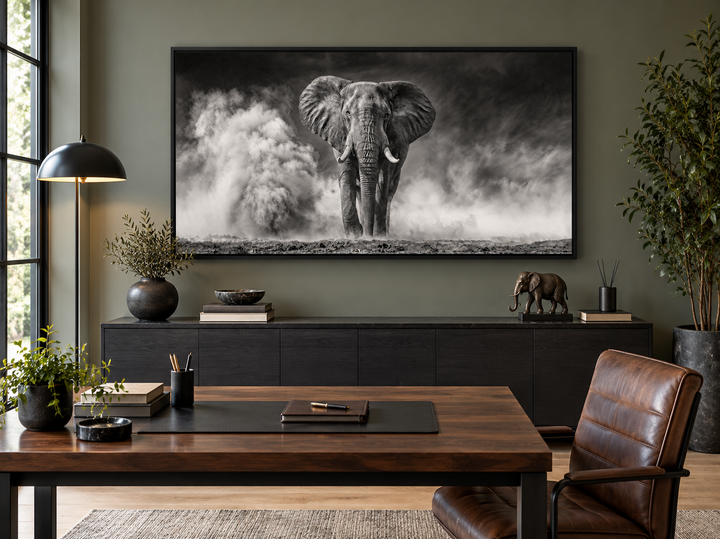 Elefanten-Wandbild – Gerahmter Leinwanddruck mit Schwarz-Weiß-Fotografie für rustikale Wohnräume