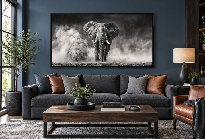 Elefanten-Wandbild – Gerahmter Leinwanddruck mit Schwarz-Weiß-Fotografie für rustikale Wohnräume