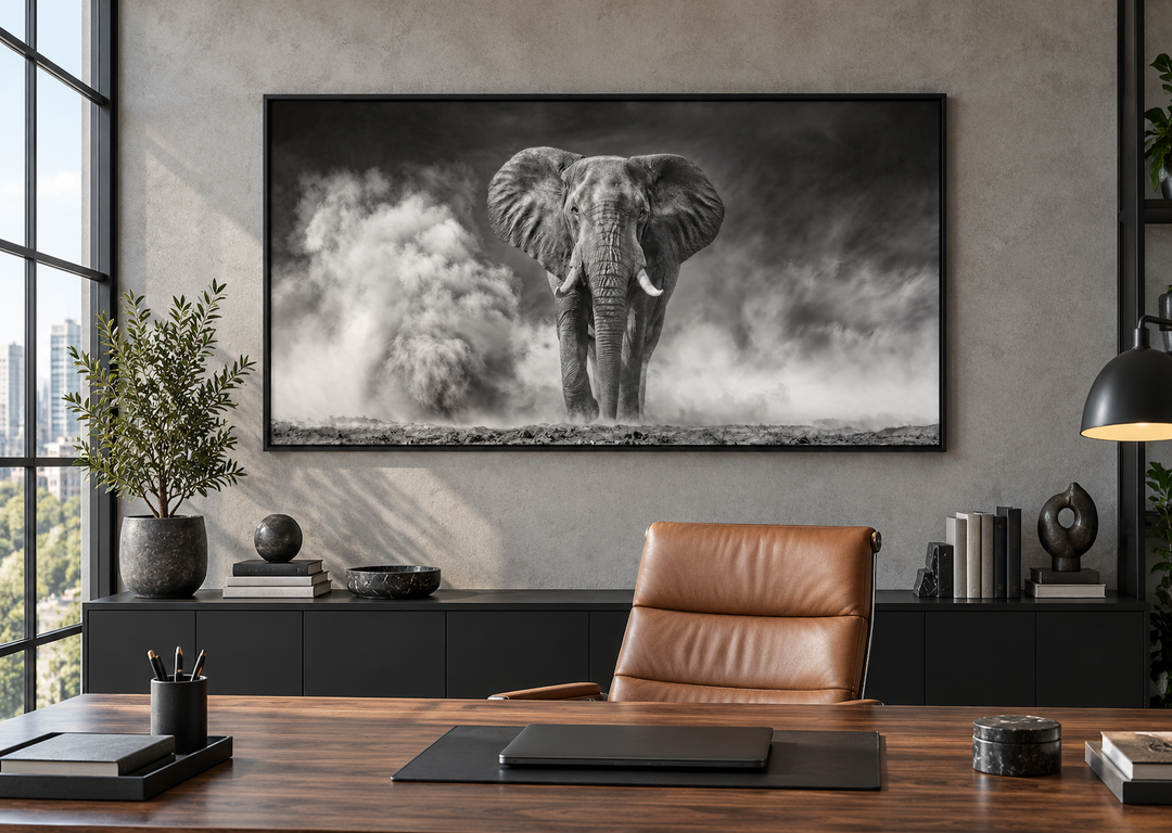 Elefanten-Wandbild – Gerahmter Leinwanddruck mit Schwarz-Weiß-Fotografie für rustikale Wohnräume