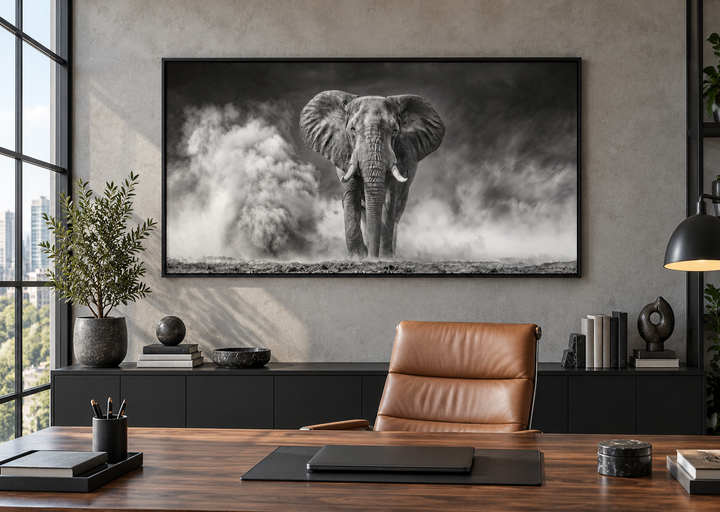 Elefanten-Wandbild – Gerahmter Leinwanddruck mit Schwarz-Weiß-Fotografie für rustikale Wohnräume