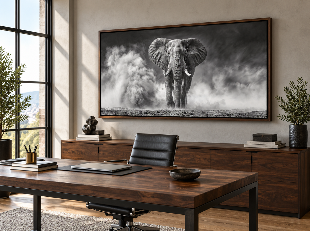 Elefanten-Wandbild – Gerahmter Leinwanddruck mit Schwarz-Weiß-Fotografie für rustikale Wohnräume
