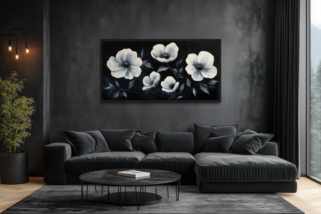 Black White Floral Wall Art – Framed Canvas Print | Modern Minimalist Decor