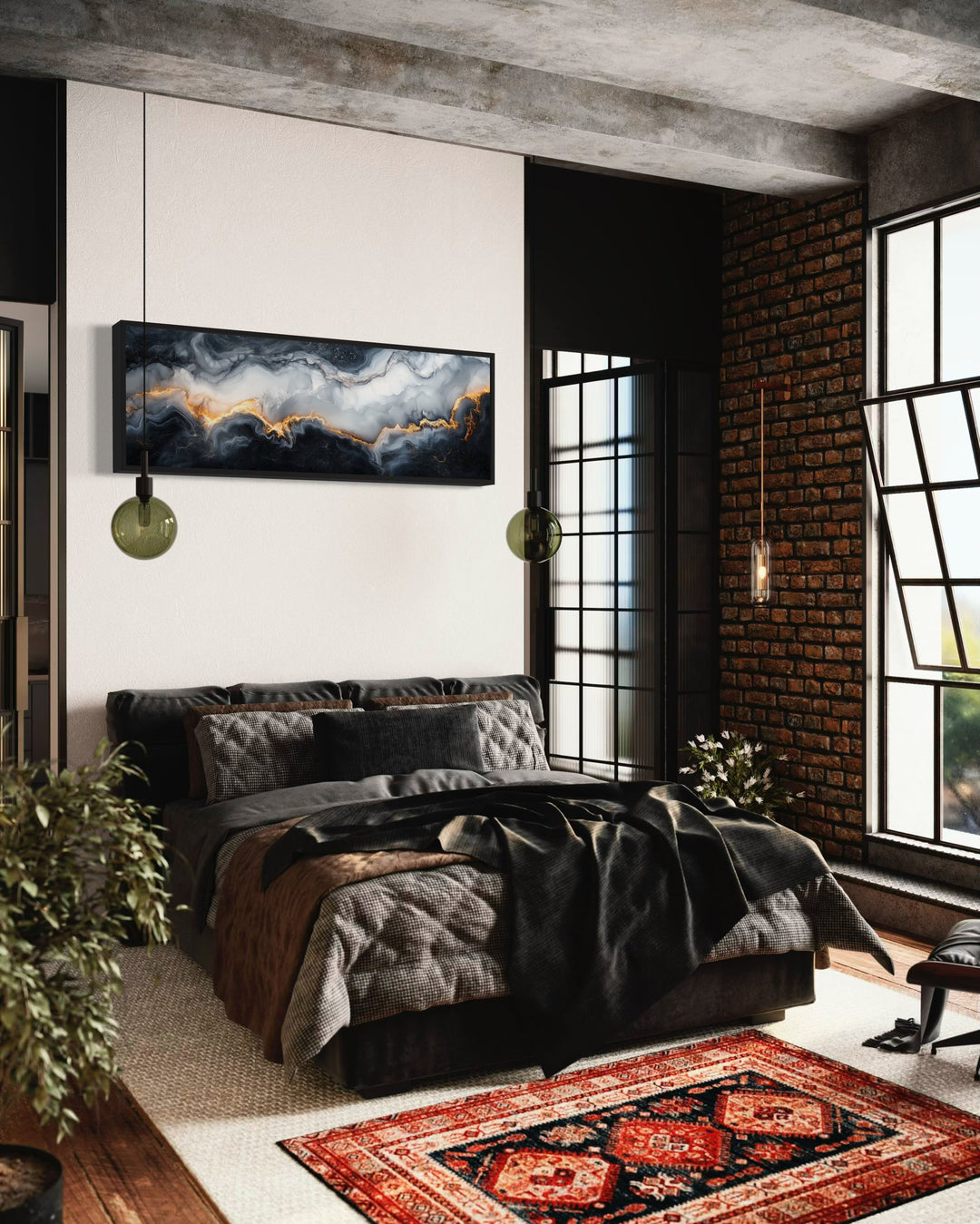 Long horizontal framed canvas wall art featuring a black, white, and gold marble abstract painting.